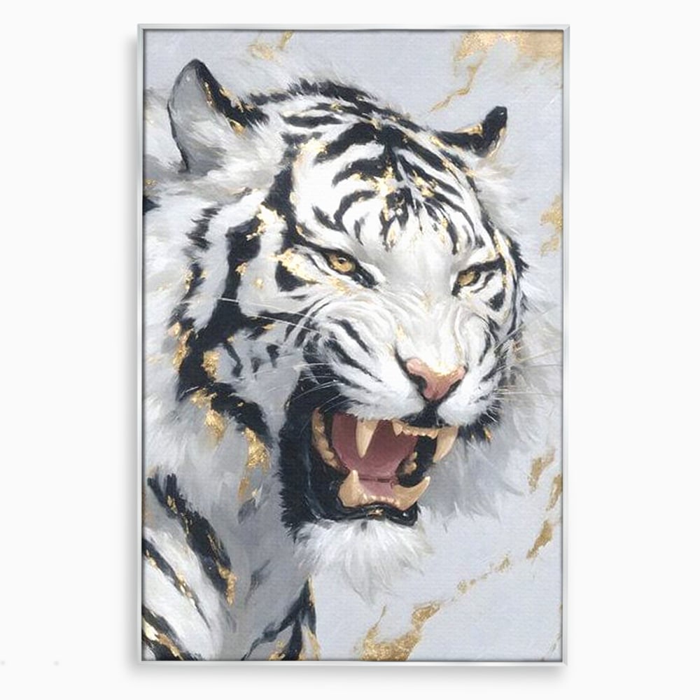 Tablou canvas cu tablou canvas cu tigru alb si auriu, in rama de aluminiu argintiu